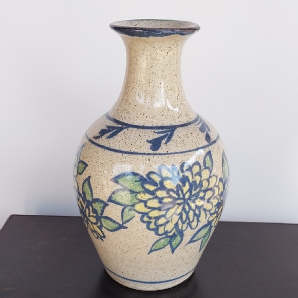 VTG Lopez Pottery Speckled with Blue Yellow Floral Glaze Vase Signed - Picture 3 of 8